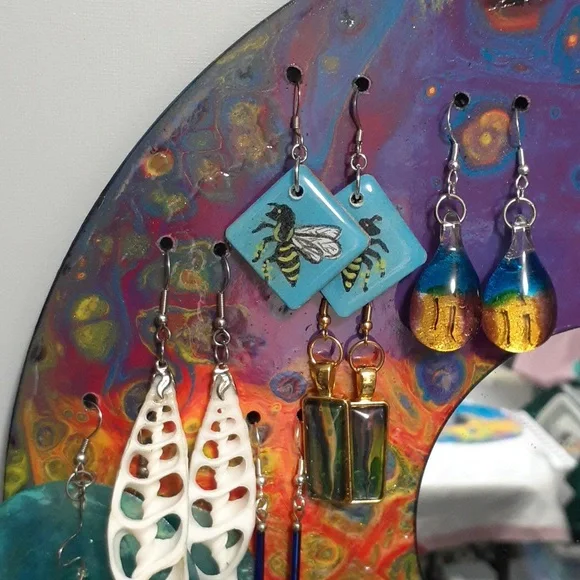 Hand Crafted Earring Jewelry Holder Painted Necklaces Vinyl Record Upcycle Wall - Picture 3 of 15